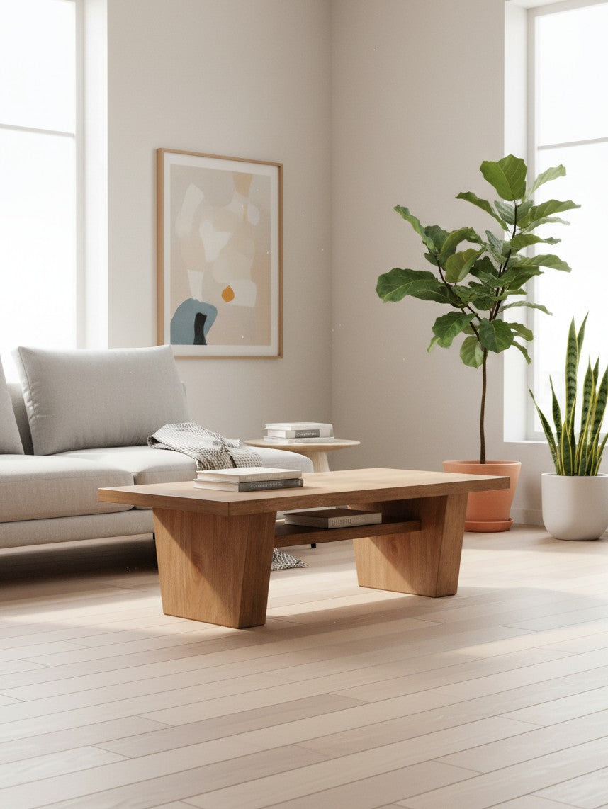 Table de salon Tila rectangulaire en bois clair naturel dans un salon moderne avec canapé et plantes