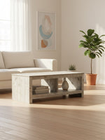 Table de salon Maria TOCO Meubles en bois gris clair avec étagère de rangement dans un salon lumineux