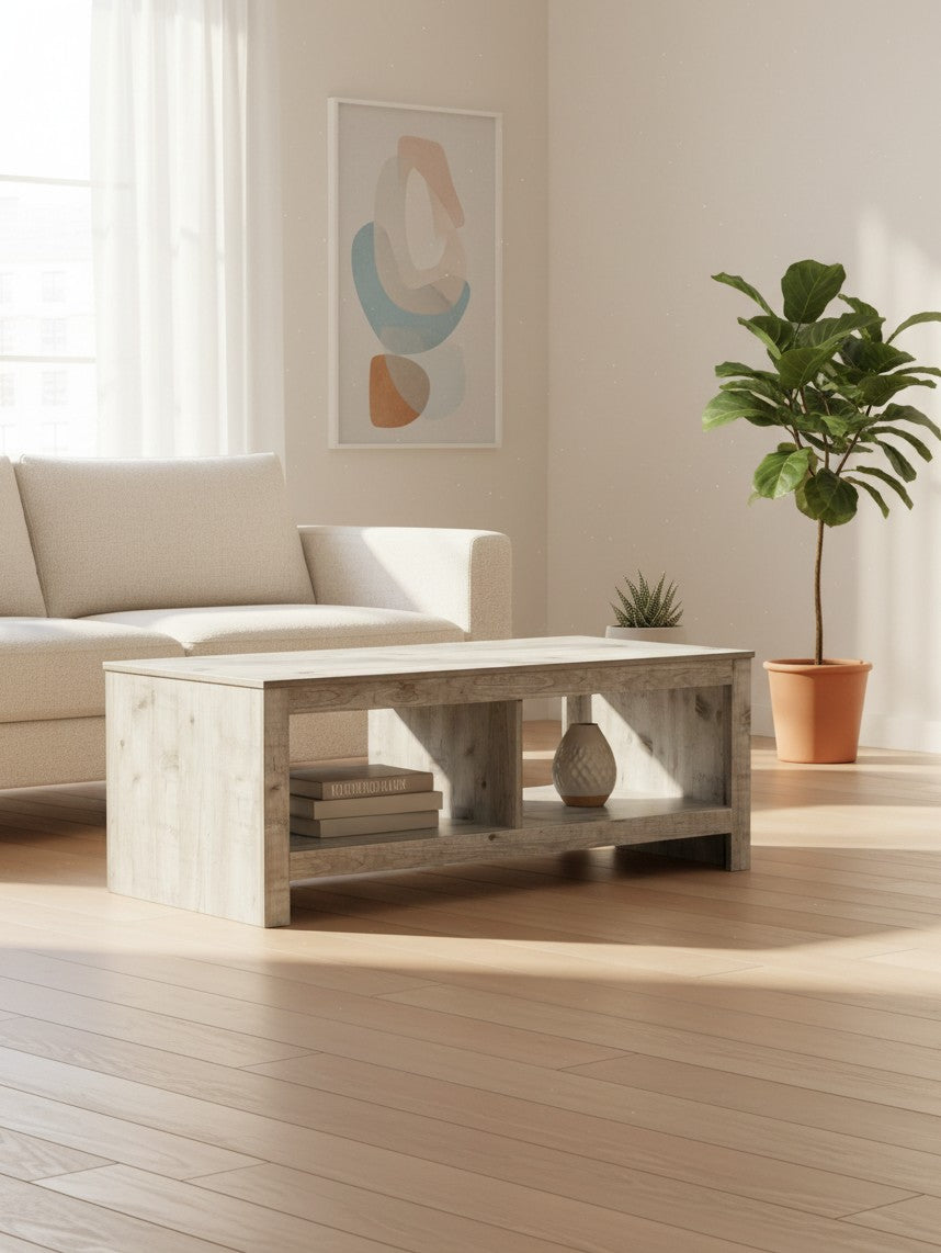 Table de salon Maria TOCO Meubles en bois gris clair avec étagère de rangement dans un salon lumineux