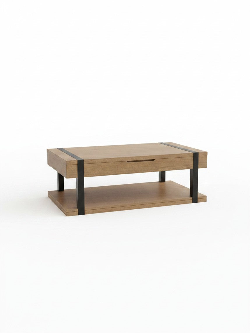 Table de salon Jorani TOCO Meubles en bois naturel avec structure en métal noir et tiroir de rangement