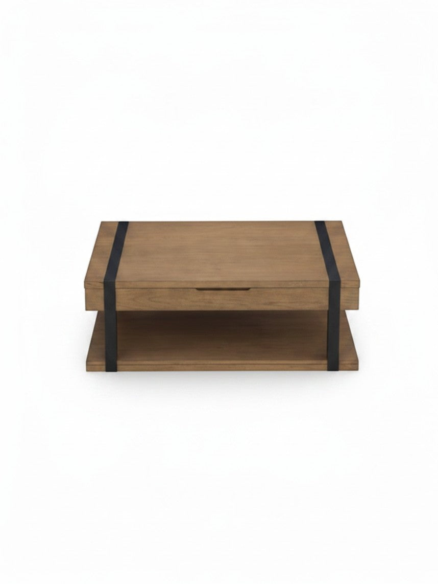 Table de salon Jorani TOCO Meubles en bois brun avec détails en métal noir et étagère de rangement inférieure