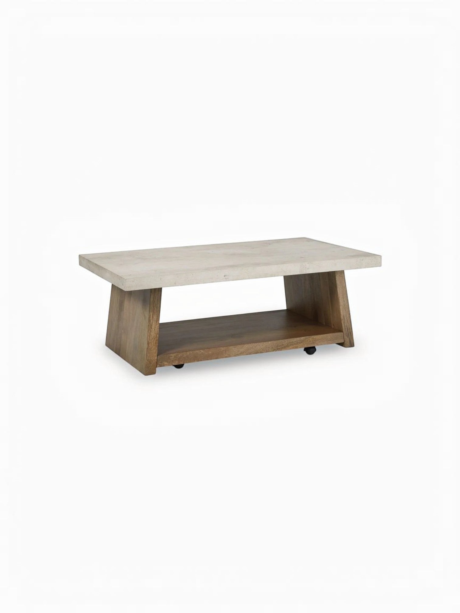 Table de salon rectangulaire TOCO Meubles Brenda avec plateau en pierre claire et base en bois massif avec roulettes