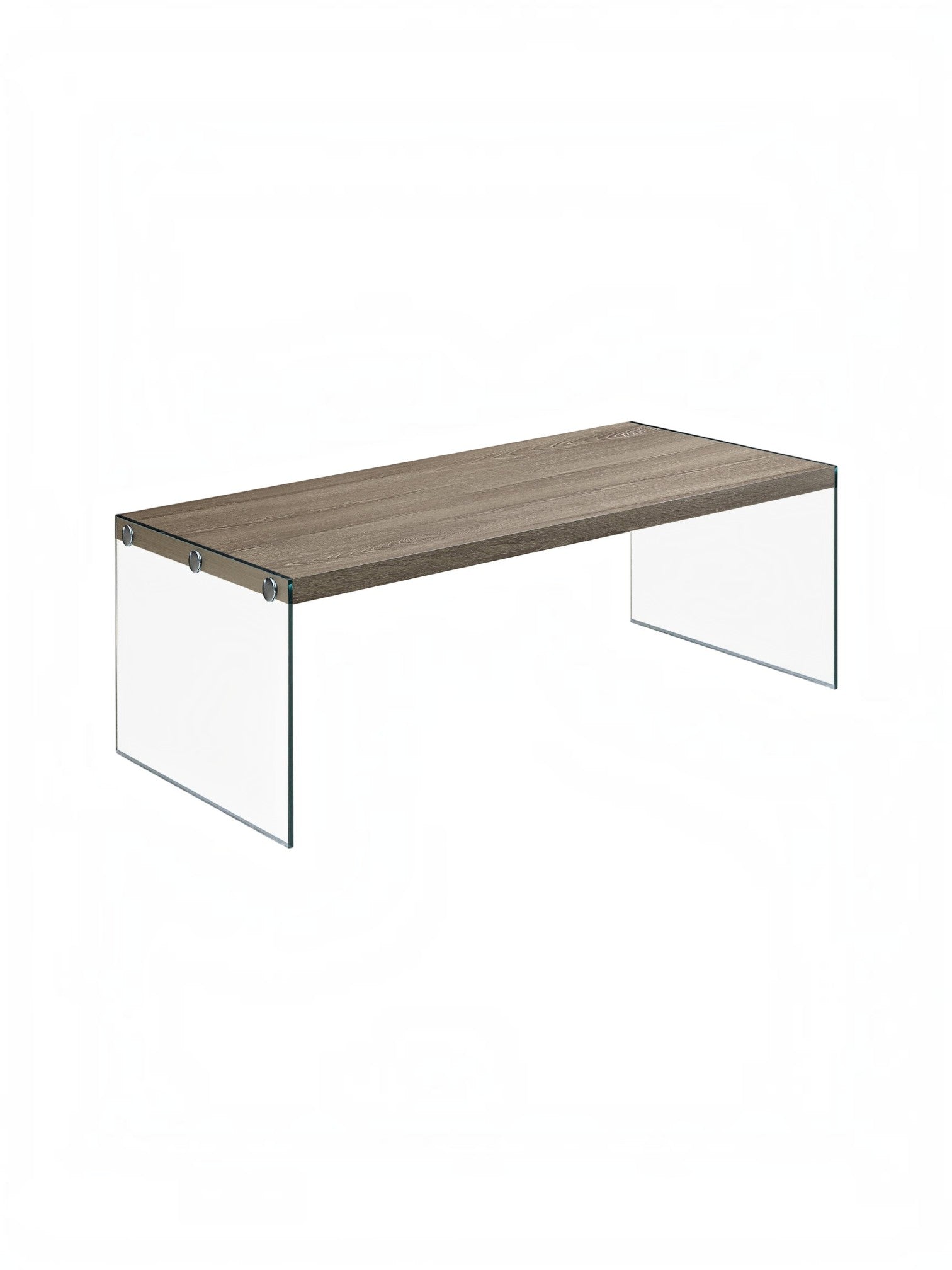 Table de salon Zaki TOCO Meubles avec plateau effet bois gris et pieds en verre trempé transparent