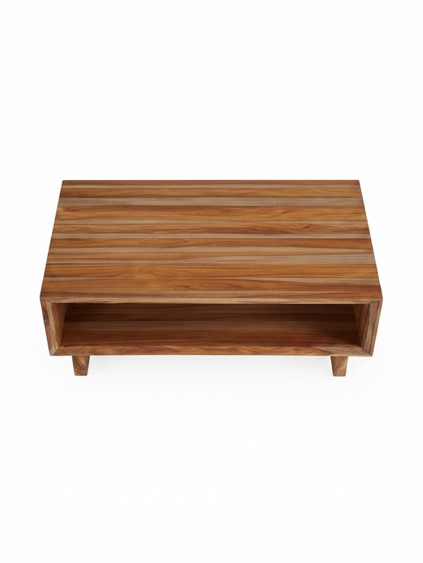 Table de salon Sonni par TOCO Meubles en bois massif avec étagère de rangement ouverte vue de dessus