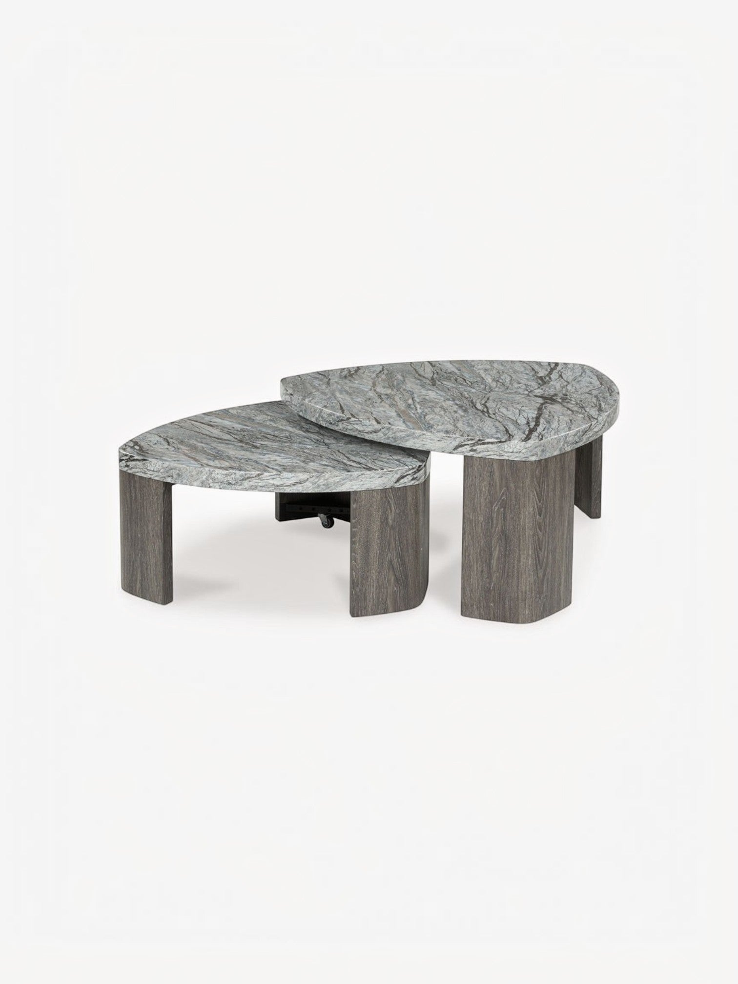 Table de salon gigogne Somo par TOCO Meubles avec plateaux en pierre grise et pieds en bois brun