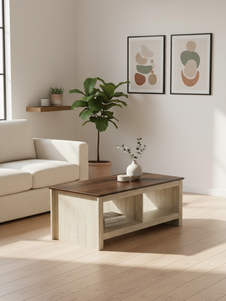 Table de salon Irma TOCO Meubles bicolore avec plateau en bois foncé et base en bois clair avec étagères de rangement
