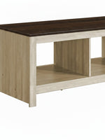 Table de salon Irma TOCO Meubles avec plateau brun foncé et base en bois clair à deux compartiments de rangement