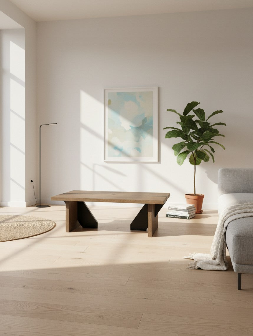 Table de salon Kandi par TOCO Meubles en bois massif avec pieds géométriques noirs dans un salon lumineux