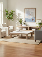 Table de salon rectangulaire TOCO Meubles Oyaska avec plateau en marbre blanc et base en bois brun clair