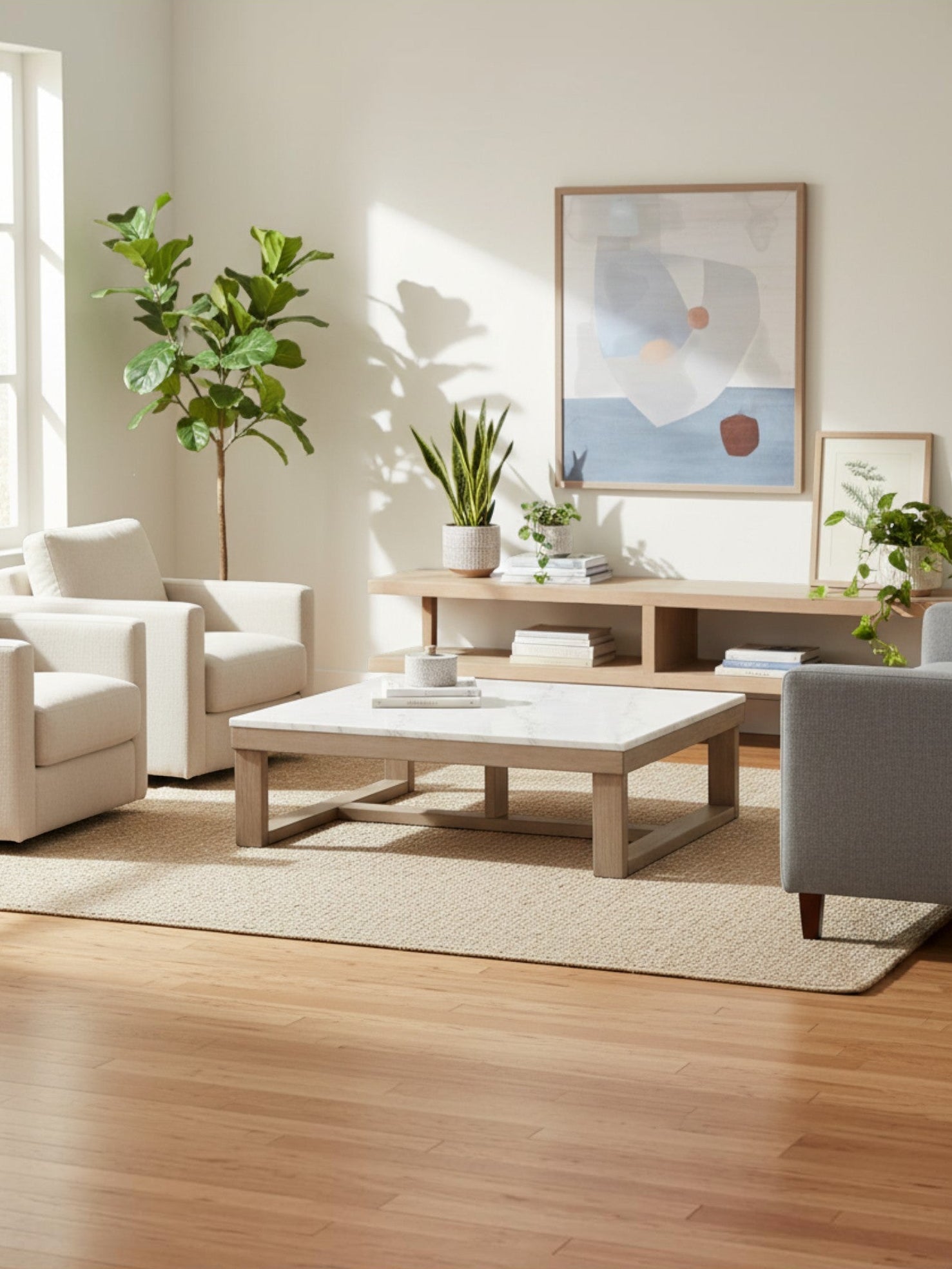 Table de salon rectangulaire TOCO Meubles Oyaska avec plateau en marbre blanc et base en bois brun clair