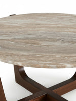Table de salon ronde Tanido par TOCO Meubles avec plateau en marbre brun et base en bois massif croisée