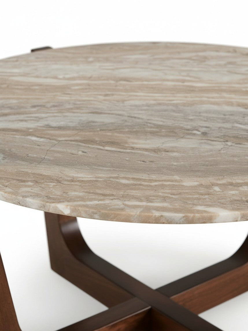Table de salon ronde Tanido par TOCO Meubles avec plateau en marbre brun et base en bois massif croisée