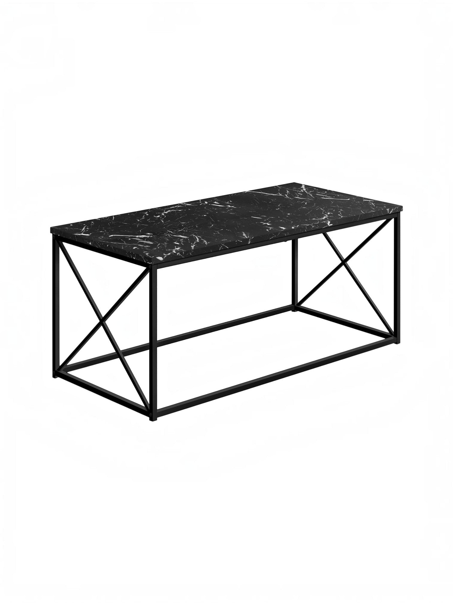 Table de salon Linda TOCO Meubles avec plateau effet marbre noir et structure en métal noir croisée