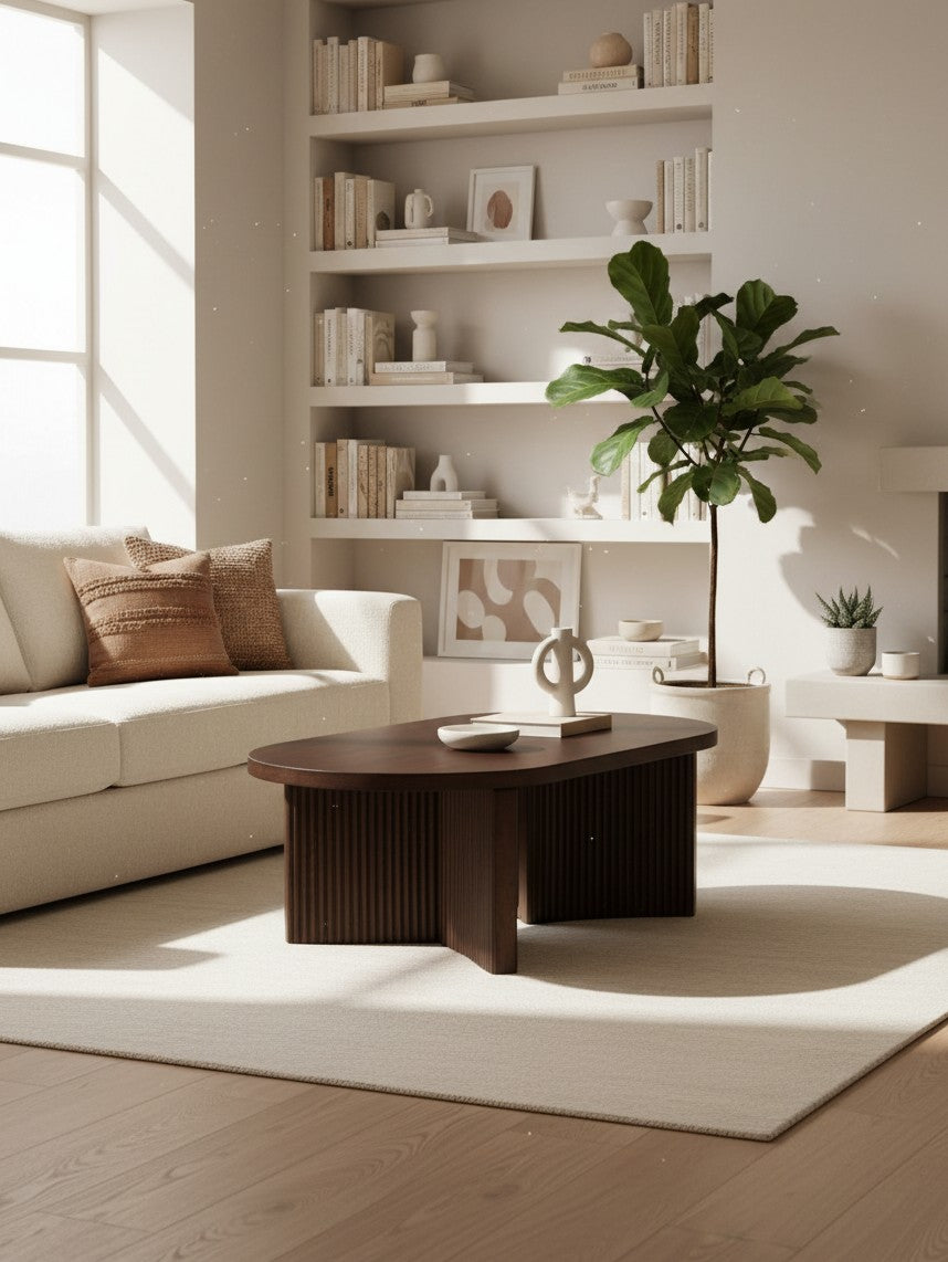 Table de salon Cecilia ovale en bois brun foncé avec base cannelée dans un salon moderne TOCO Meubles