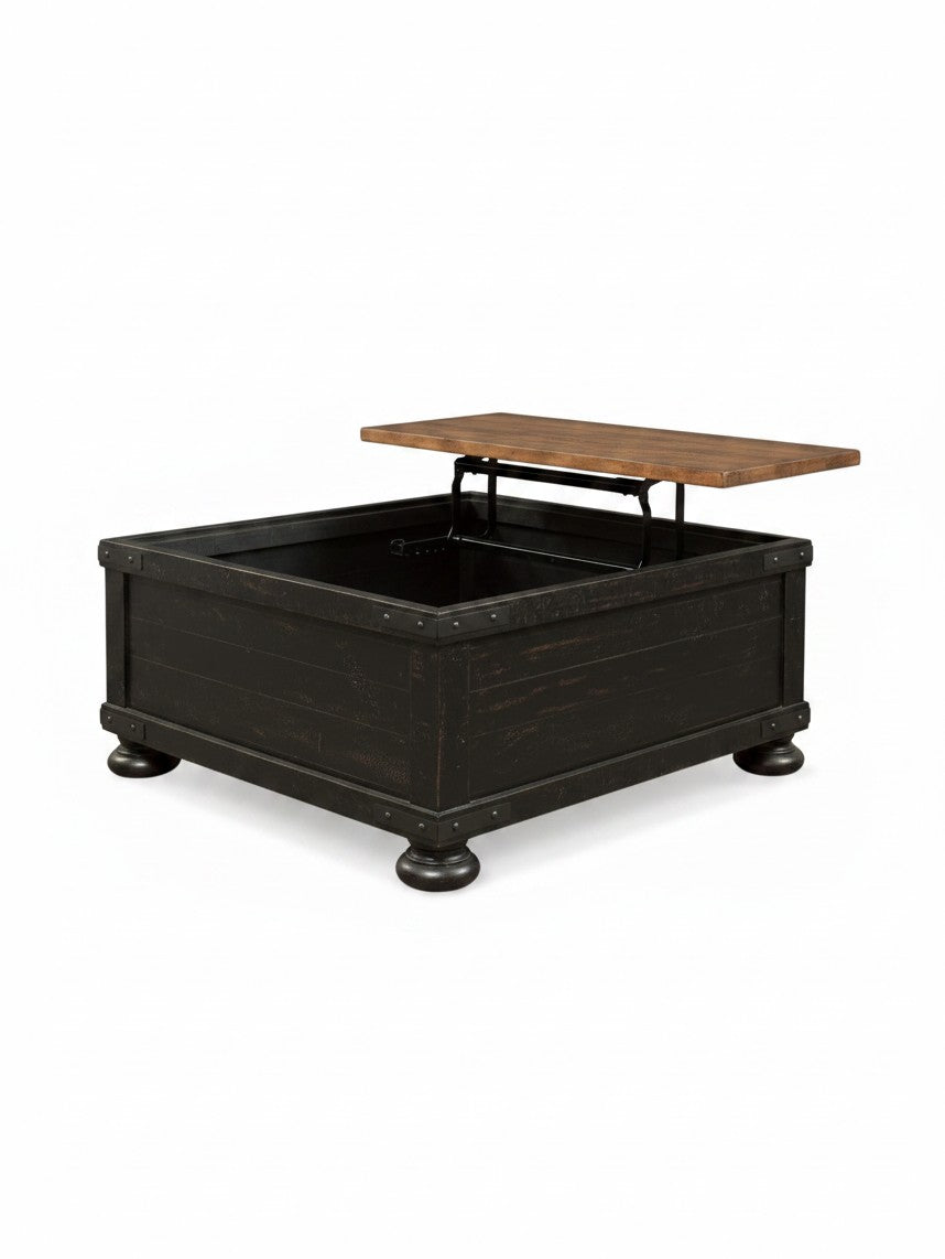Table de salon TOCO Meubles Arbeck noire avec plateau relevable en bois brun et pieds tournés style rustique