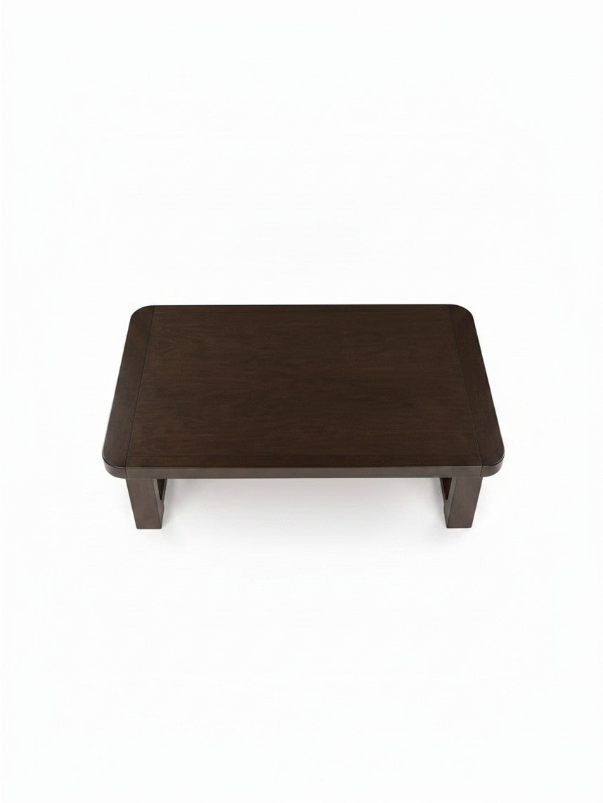 Table de salon rectangulaire TOCO Meubles Becki en bois massif brun foncé avec coins arrondis vue de dessus