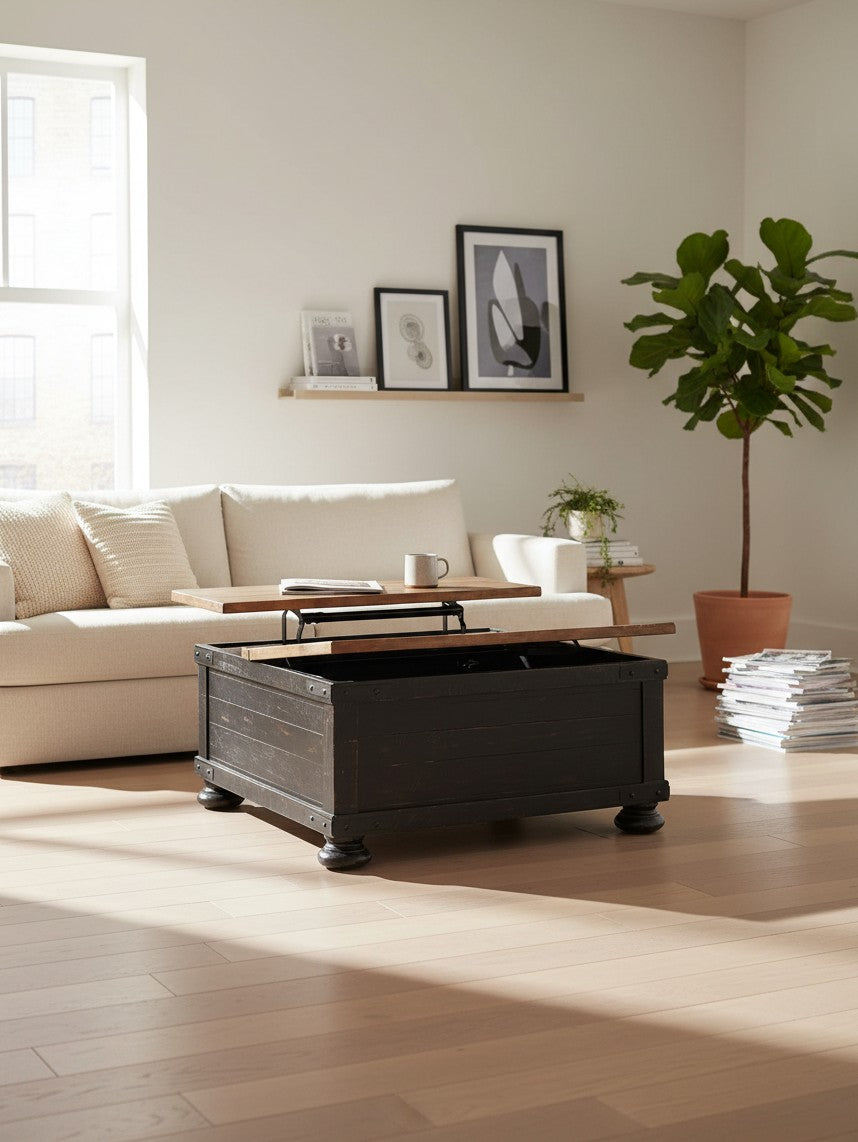 Table de salon TOCO Meubles Arbeck avec plateau relevable en bois brun et base noire au style rustique