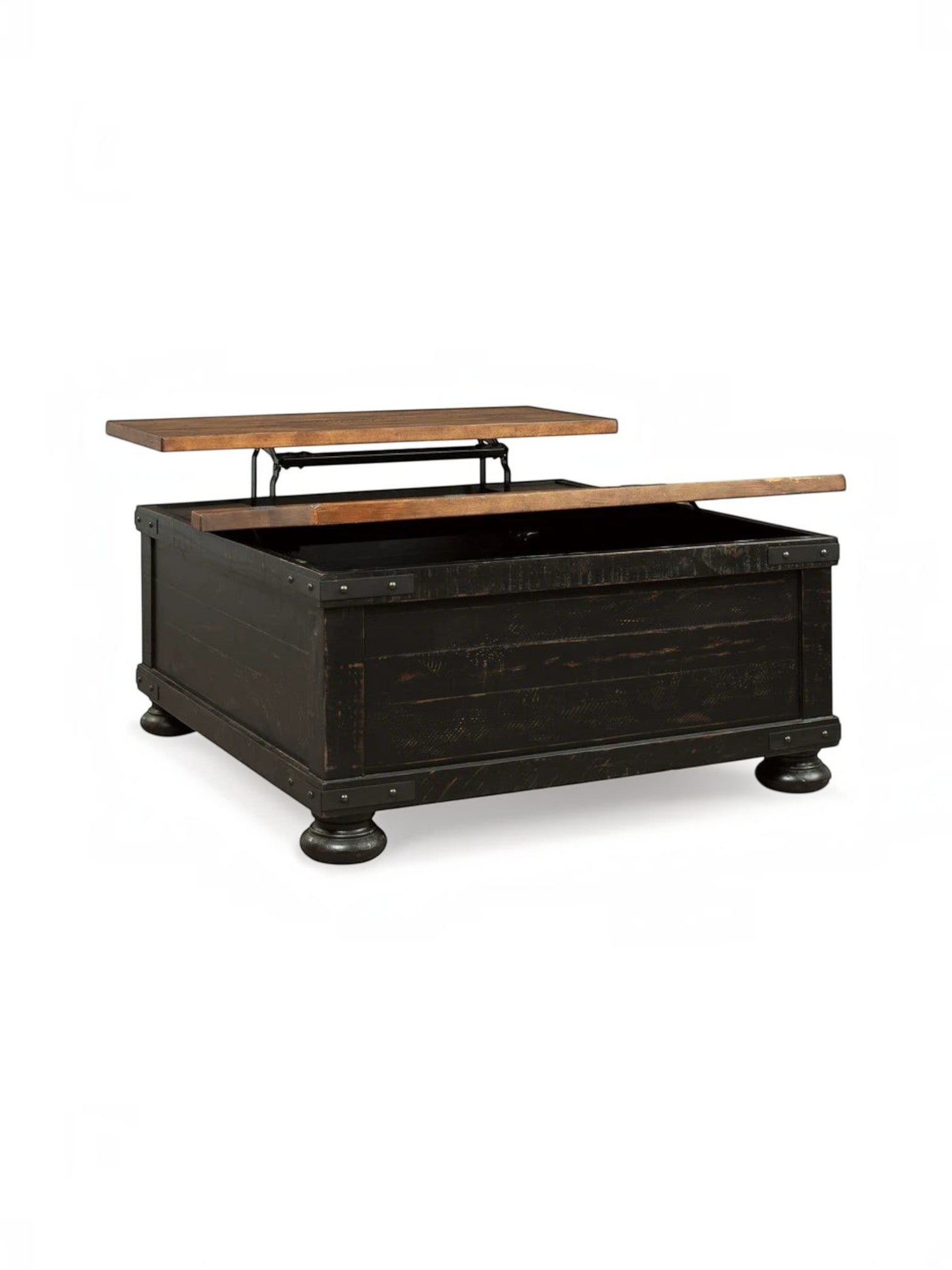 Table de salon TOCO Meubles Arbeck avec plateau relevable, finition noire vieillie et dessus en bois brun rustique