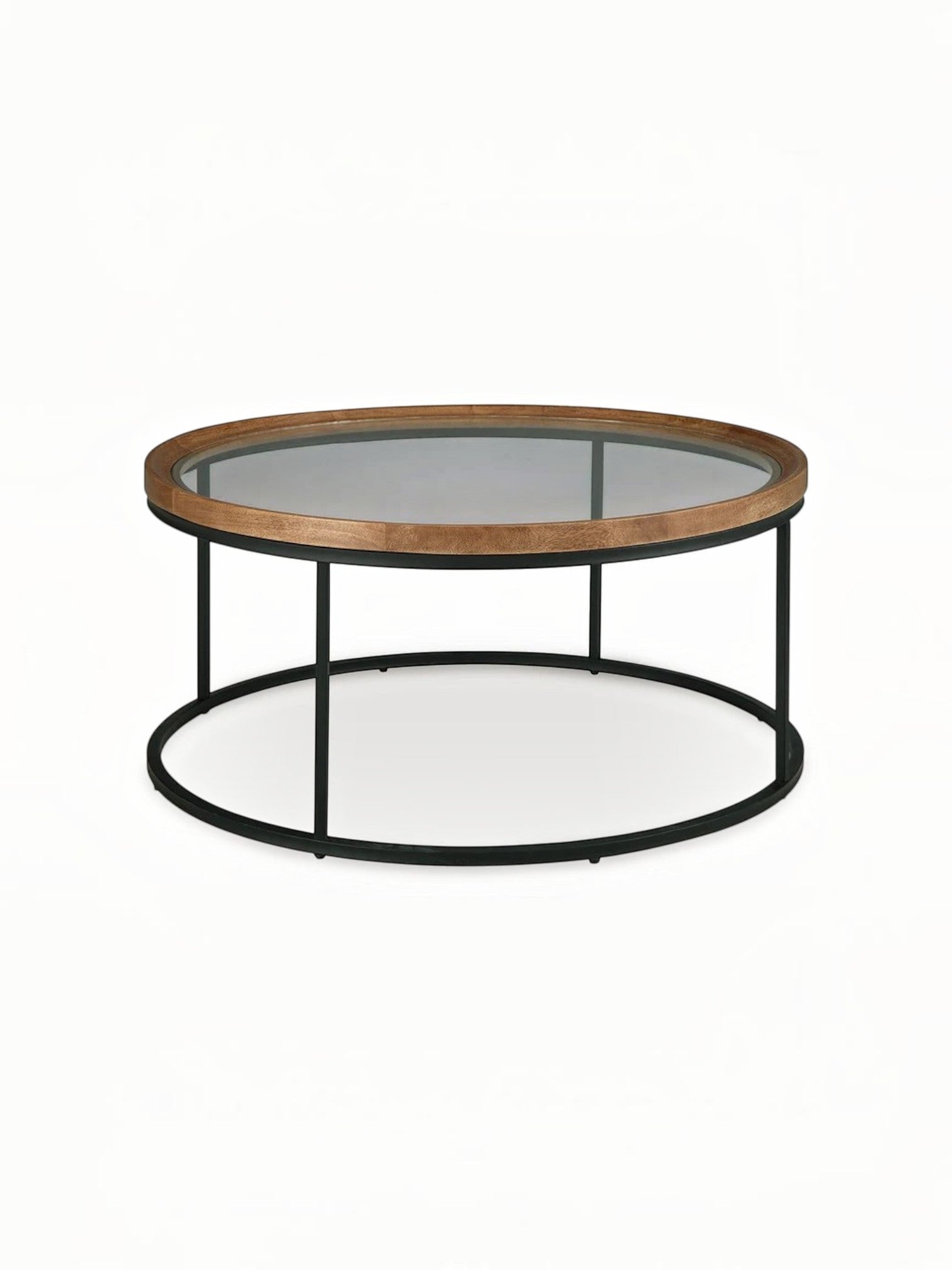 Table de salon ronde Nora par TOCO Meubles avec plateau en verre, bordure en bois naturel et structure en métal noir