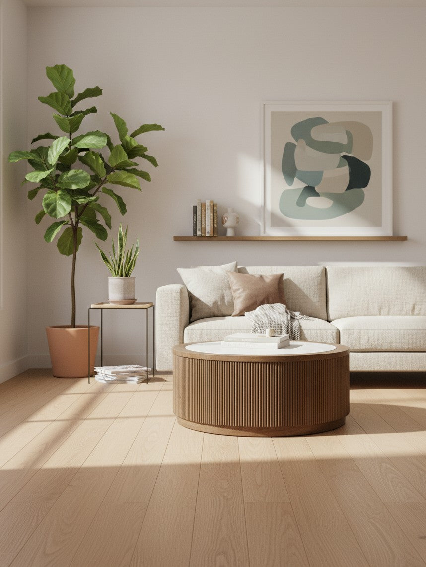 Table de salon ronde Hadona par TOCO Meubles avec base cannelée en bois dans un salon moderne et lumineux