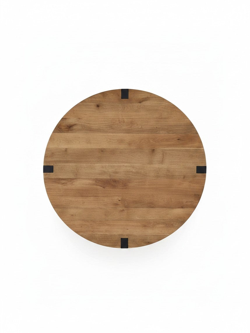 Table de salon ronde Annie par TOCO Meubles en bois brun avec des détails noirs, vue de dessus