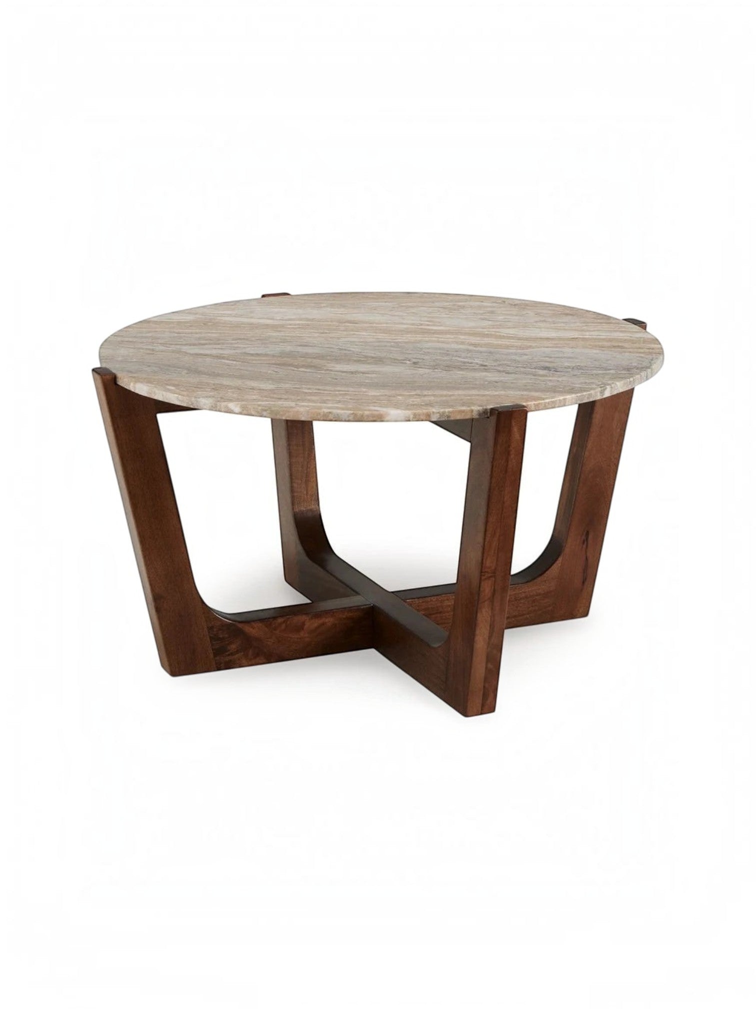 Table de salon ronde Tanido par TOCO Meubles avec plateau en pierre naturelle et base en bois brun chaleureux