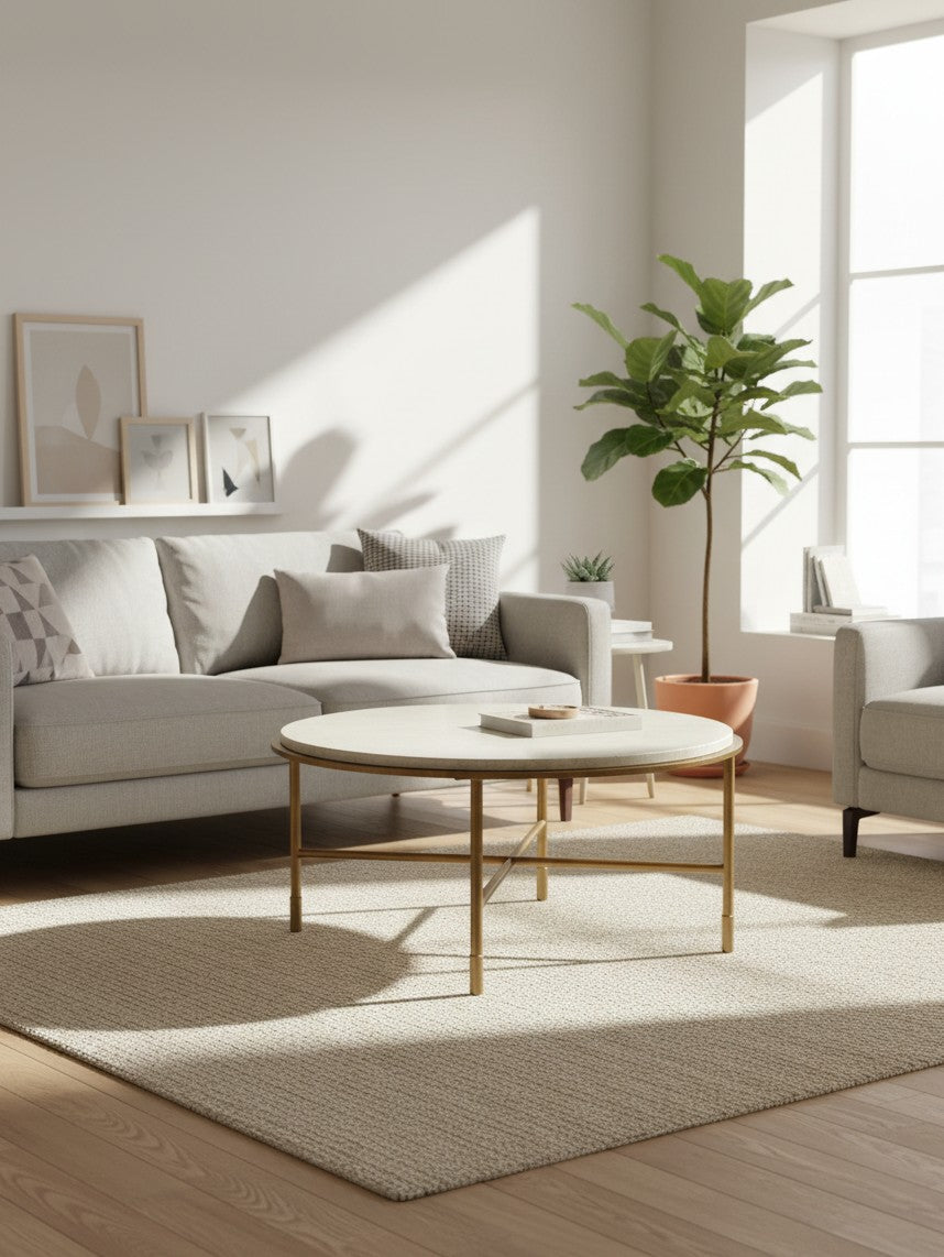 Table de salon ronde Alby par TOCO Meubles avec plateau clair et pieds en métal doré dans un salon lumineux