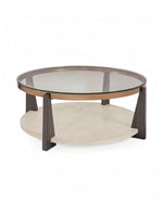 Table de salon ronde TOCO Meubles Fraza avec plateau en verre, base en bois foncé et étagère inférieure en pierre