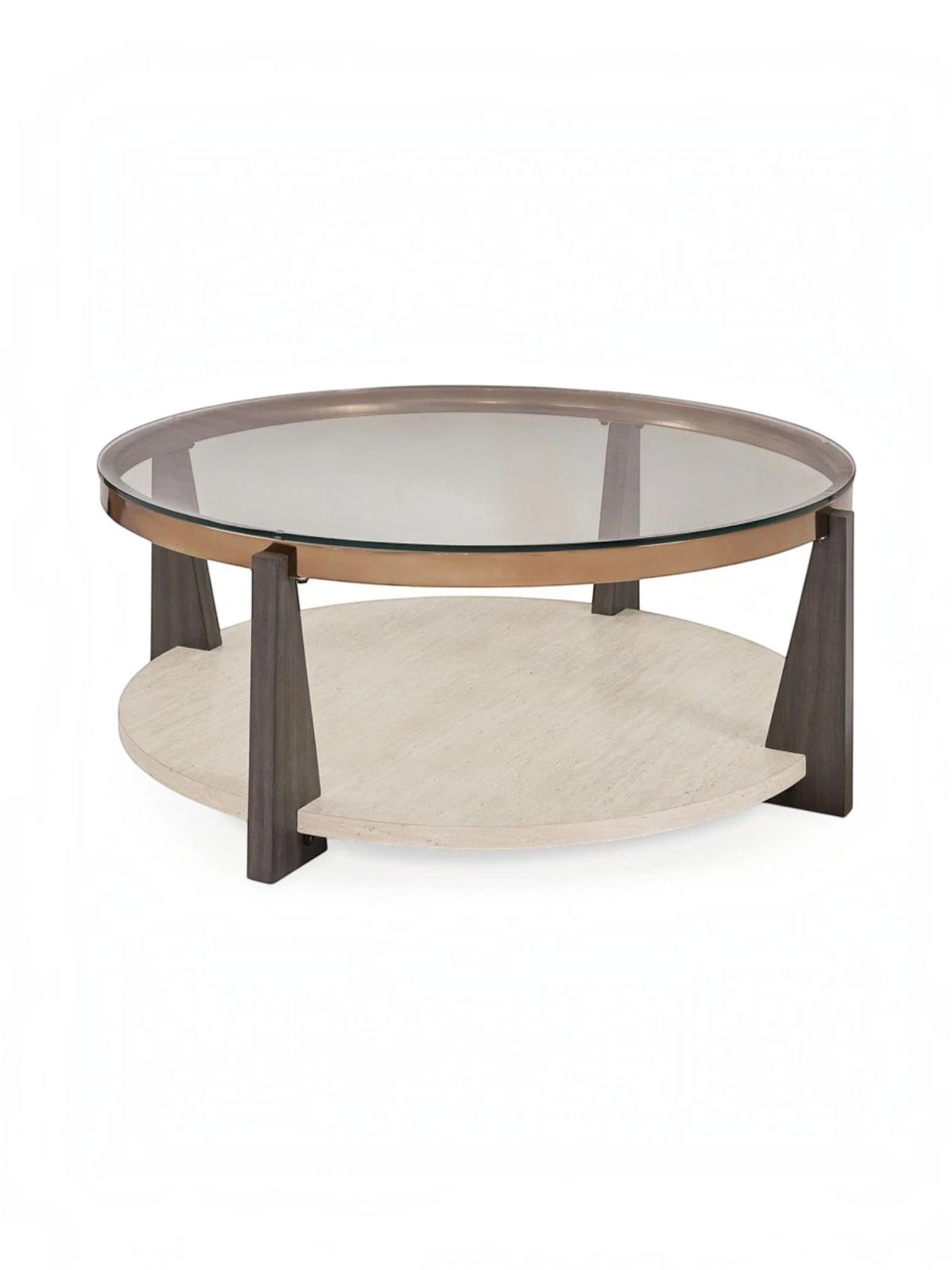 Table de salon ronde TOCO Meubles Fraza avec plateau en verre, base en bois foncé et étagère inférieure en pierre