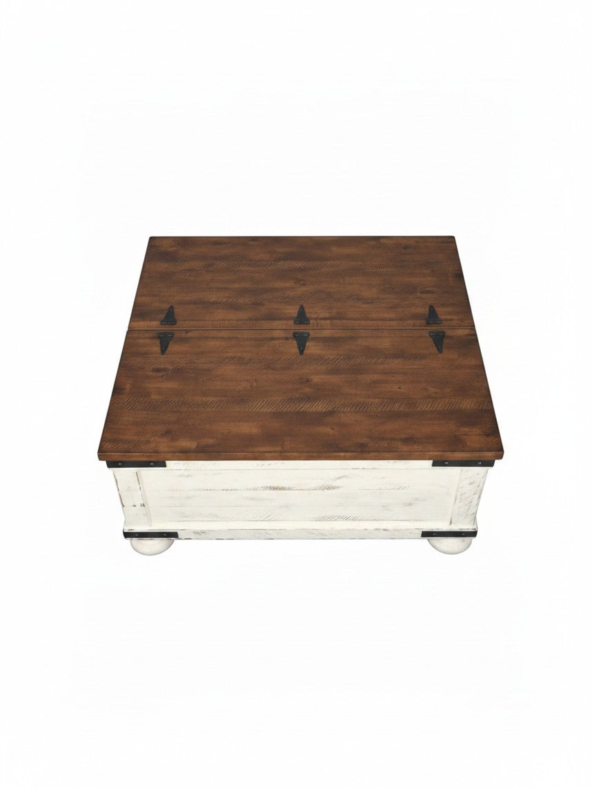 Table de salon TOCO Meubles Vendo style rustique avec plateau en bois brun et base blanche avec rangement