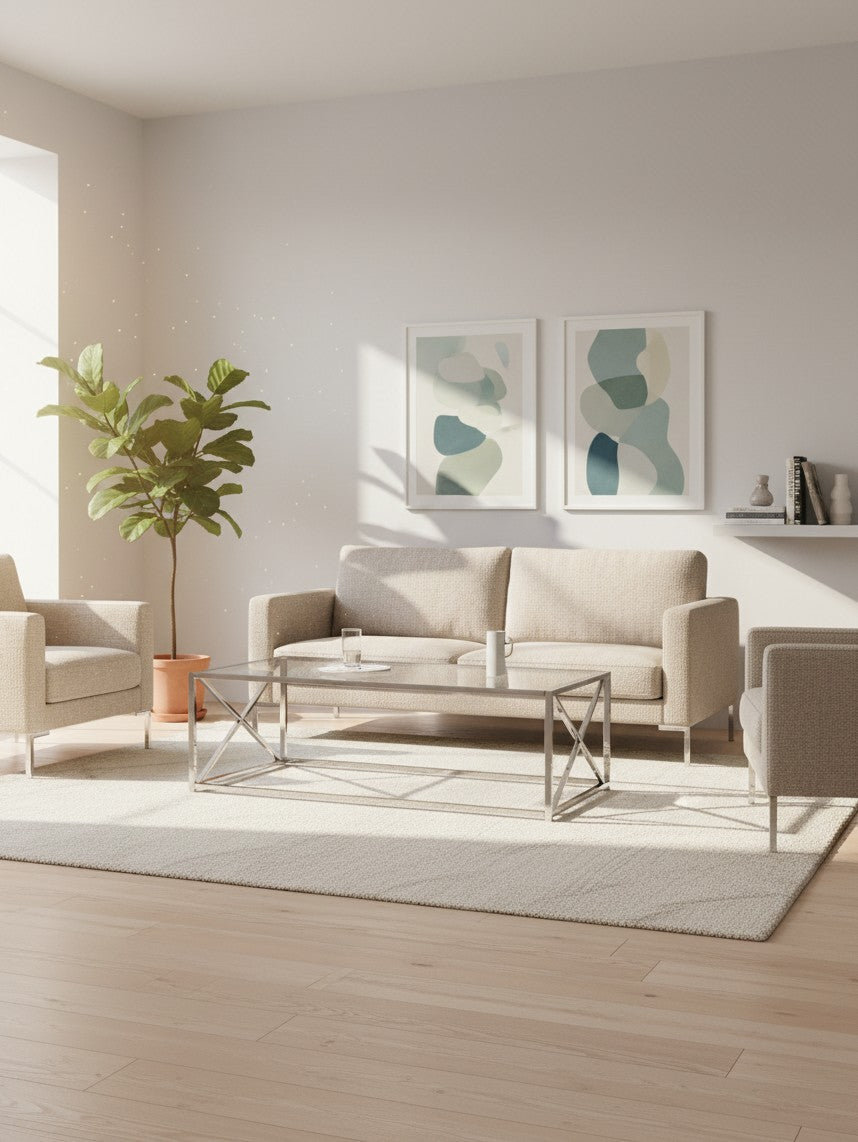 Table de salon Minata TOCO Meubles avec plateau en verre trempé et structure métallique croisée moderne