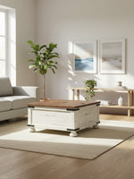 Table de salon TOCO Meubles Wystfield carrée avec plateau en bois brun et base blanche effet vieilli