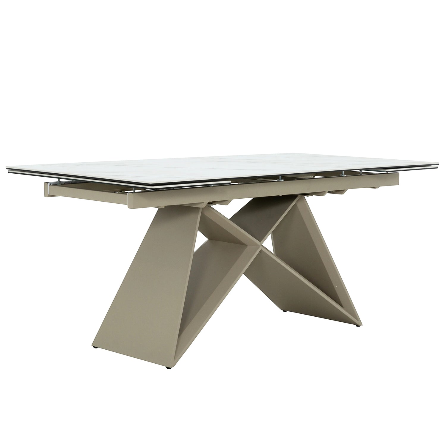 Table de salle à manger Sinastra TOCO Meubles en céramique effet marbre blanc et piètement kaki mat