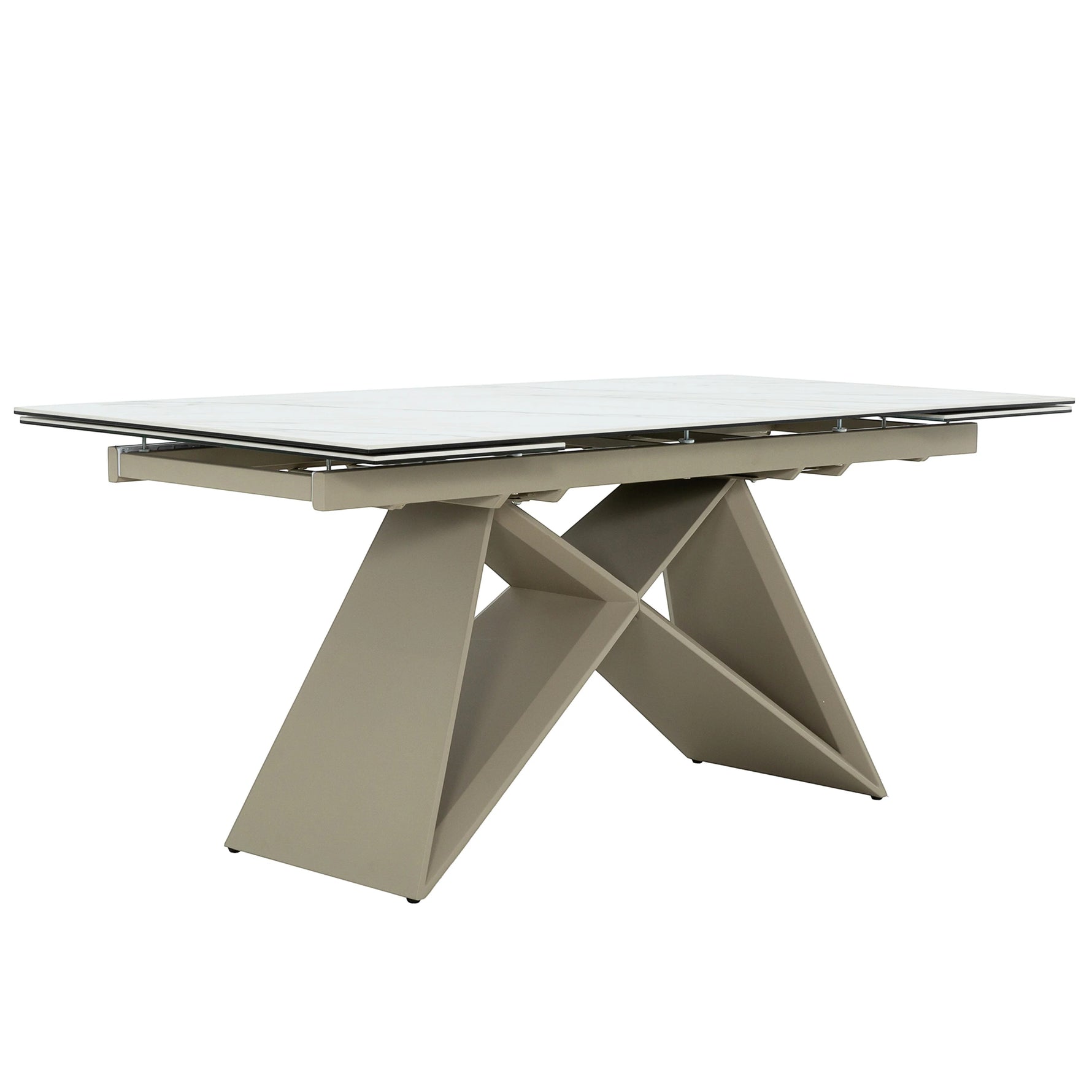 Table de salle à manger Sinastra TOCO Meubles en céramique effet marbre blanc et piètement kaki mat