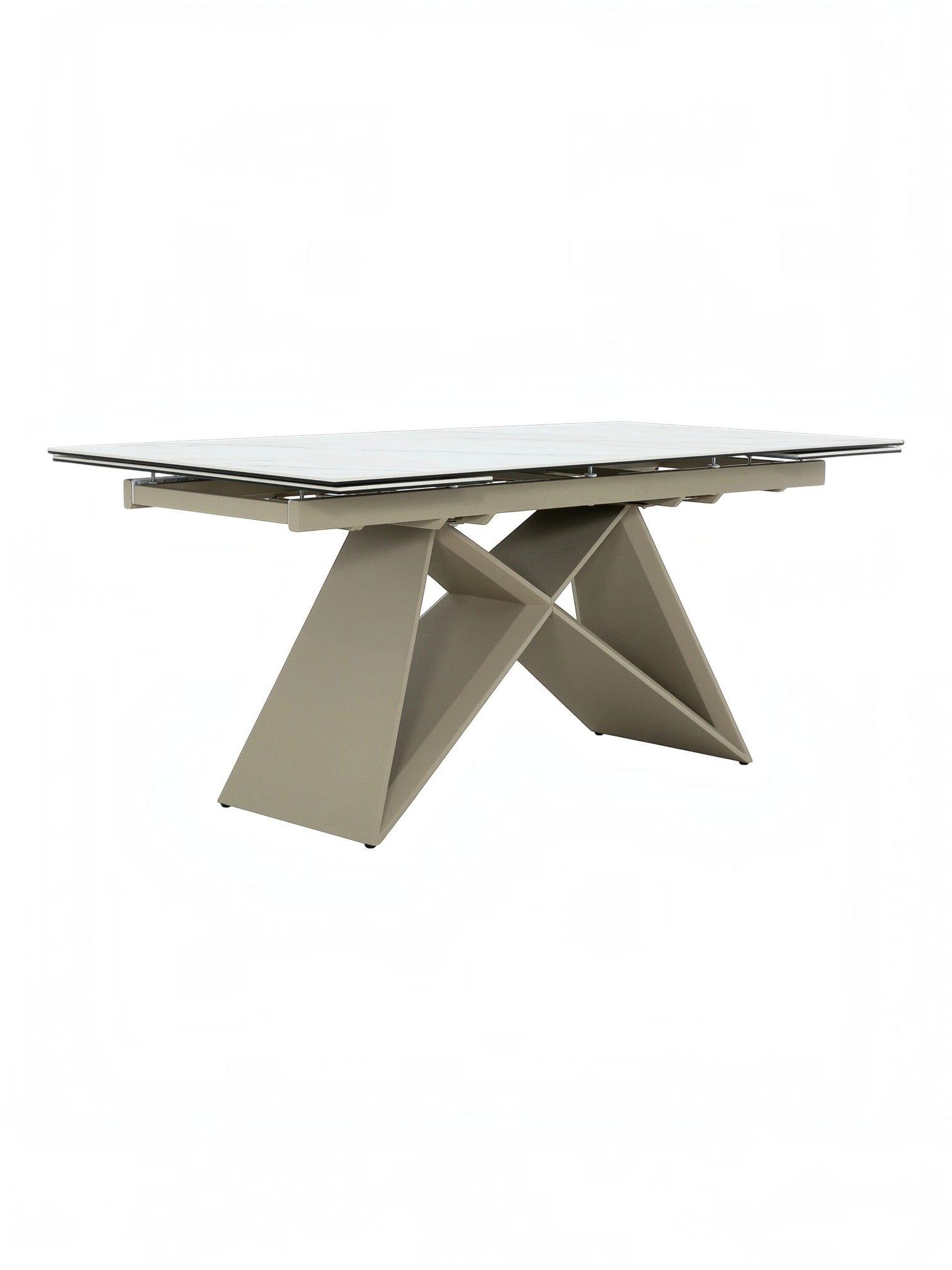 Table de salle à manger Sinastra TOCO Meubles en céramique effet marbre blanc et piètement kaki mat