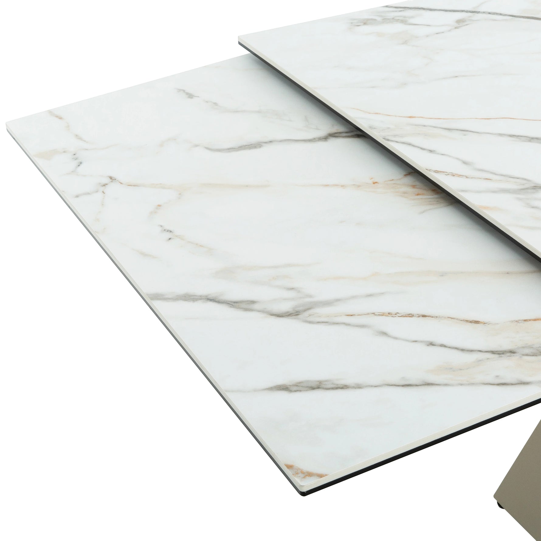 Table de salle à manger Sinastra TOCO Meubles avec plateau effet marbre blanc et piètement kaki mat