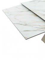 Table de salle à manger Sinastra TOCO Meubles avec plateau effet marbre blanc et piètement kaki mat