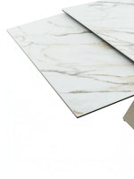 Table de salle à manger Sinastra TOCO Meubles avec plateau effet marbre blanc et piètement kaki mat
