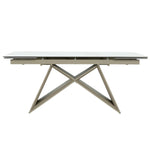 Table de salle à manger Sinastra TOCO Meubles avec plateau en céramique effet marbre blanc et piètement métallique kaki mat