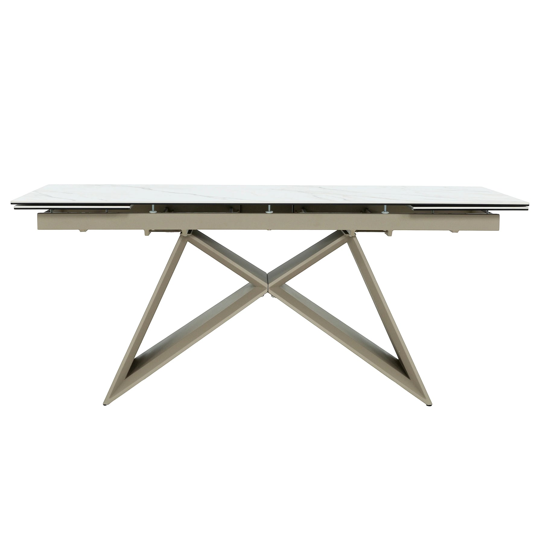 Table de salle à manger Sinastra TOCO Meubles avec plateau en céramique effet marbre blanc et piètement métallique kaki mat