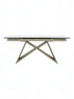 Table de salle à manger Sinastra TOCO Meubles avec plateau en céramique effet marbre blanc et piètement métallique kaki mat