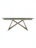 Table de salle à manger Sinastra TOCO Meubles avec plateau en céramique effet marbre blanc et piètement métallique kaki mat