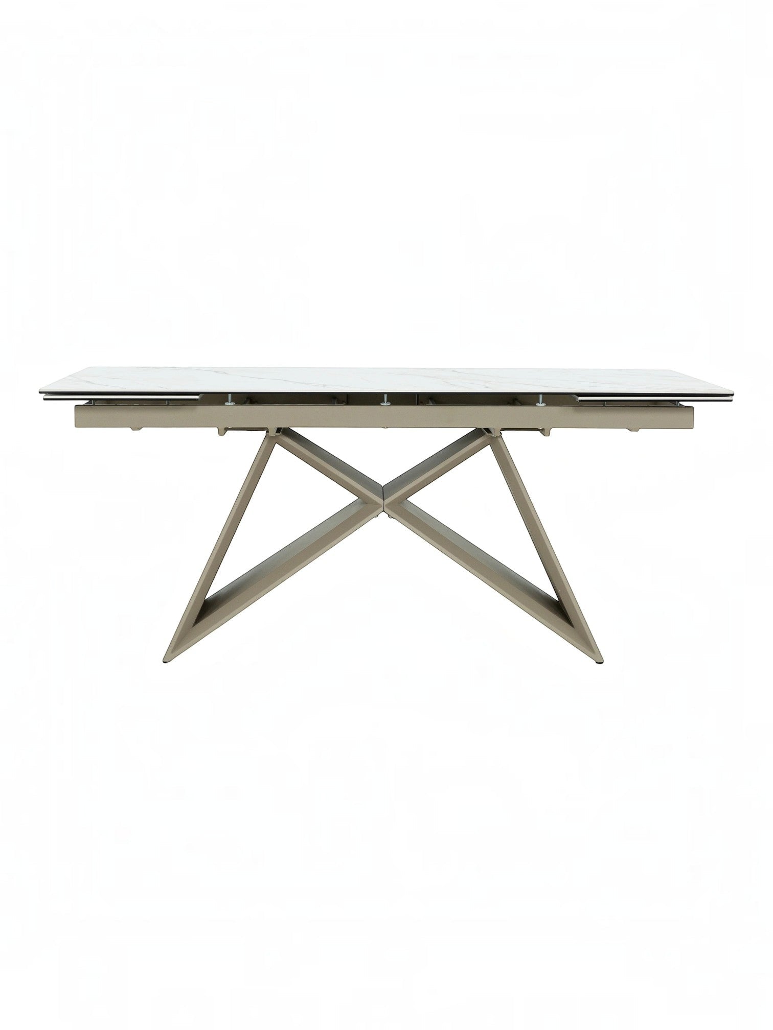 Table de salle à manger Sinastra TOCO Meubles avec plateau en céramique effet marbre blanc et piètement métallique kaki mat