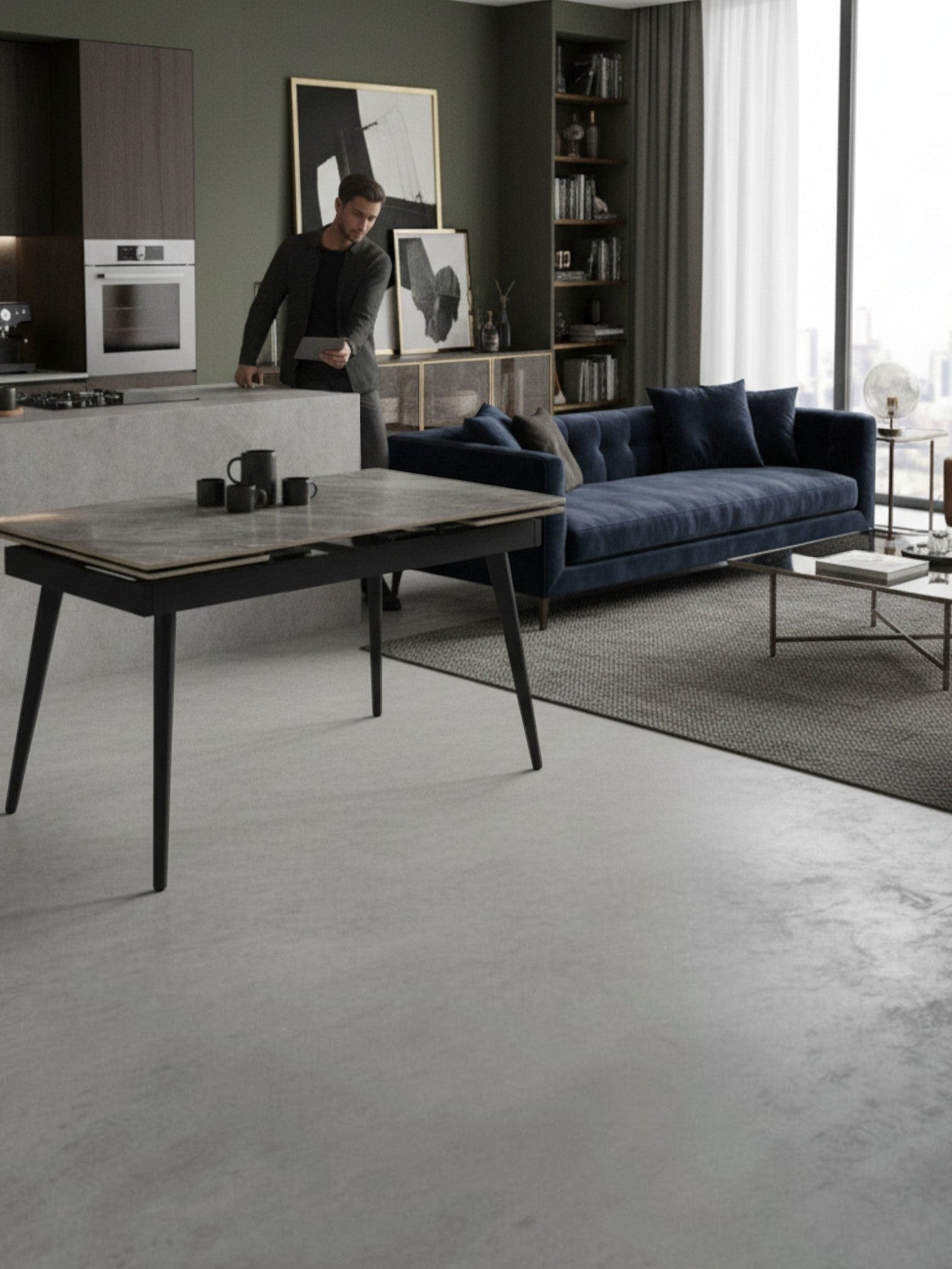 Table de salle à manger Studio TOCO Meubles grise extensible en pierre frittée avec pieds noirs inclinés