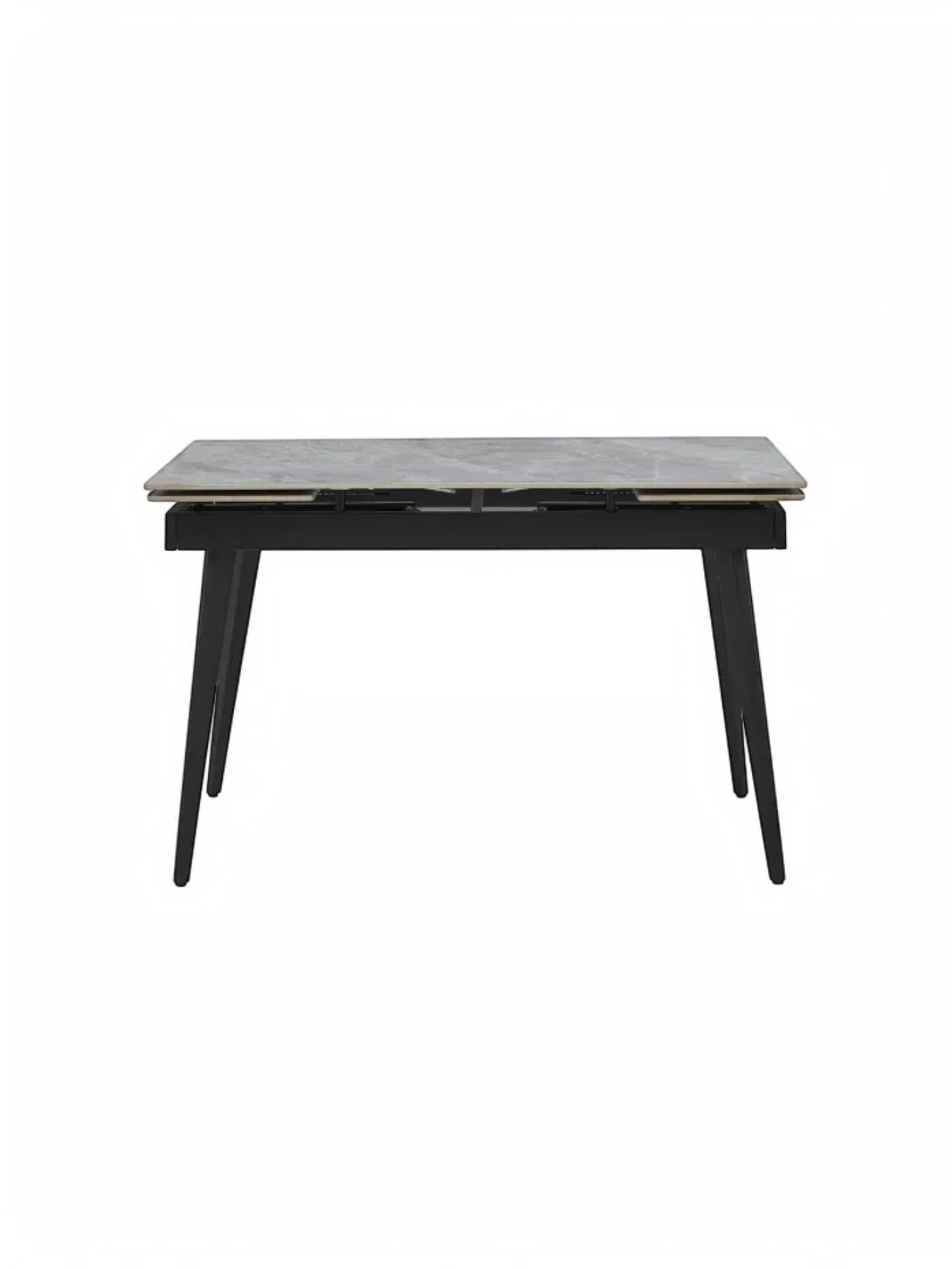 Table de salle à manger Studio TOCO Meubles en pierre frittée grise extensible avec pieds noirs inclinés