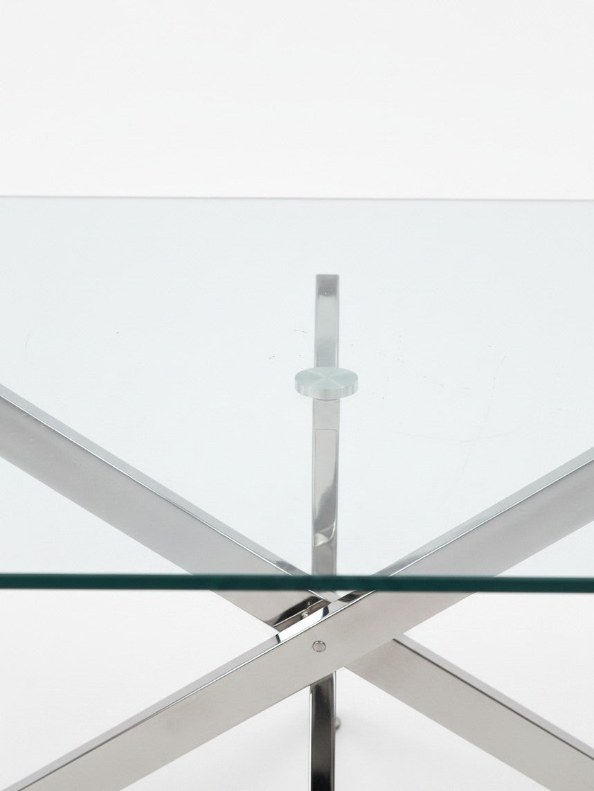 Table de salle à manger Malia par TOCO Meubles avec plateau en verre transparent et base croisée en métal chromé