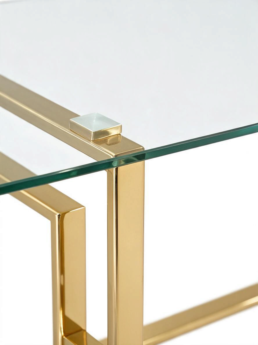 Détail de la table de salle à manger TOCO Meubles Teros avec plateau en verre trempé et structure en or poli