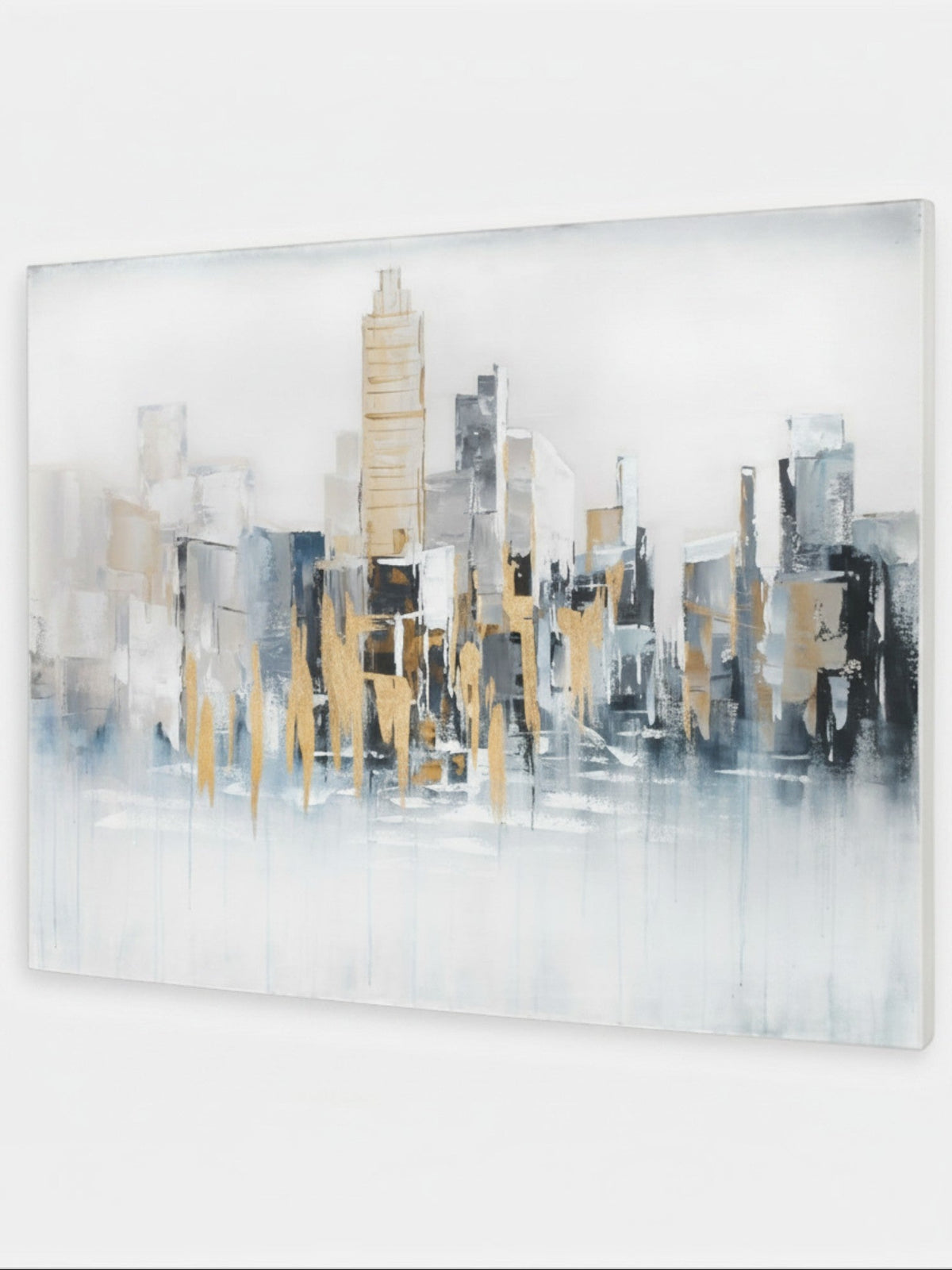 Tableau abstrait skyline TOCO Meubles aux tons bleu et gris avec des détails en feuilles d'or et d'argent