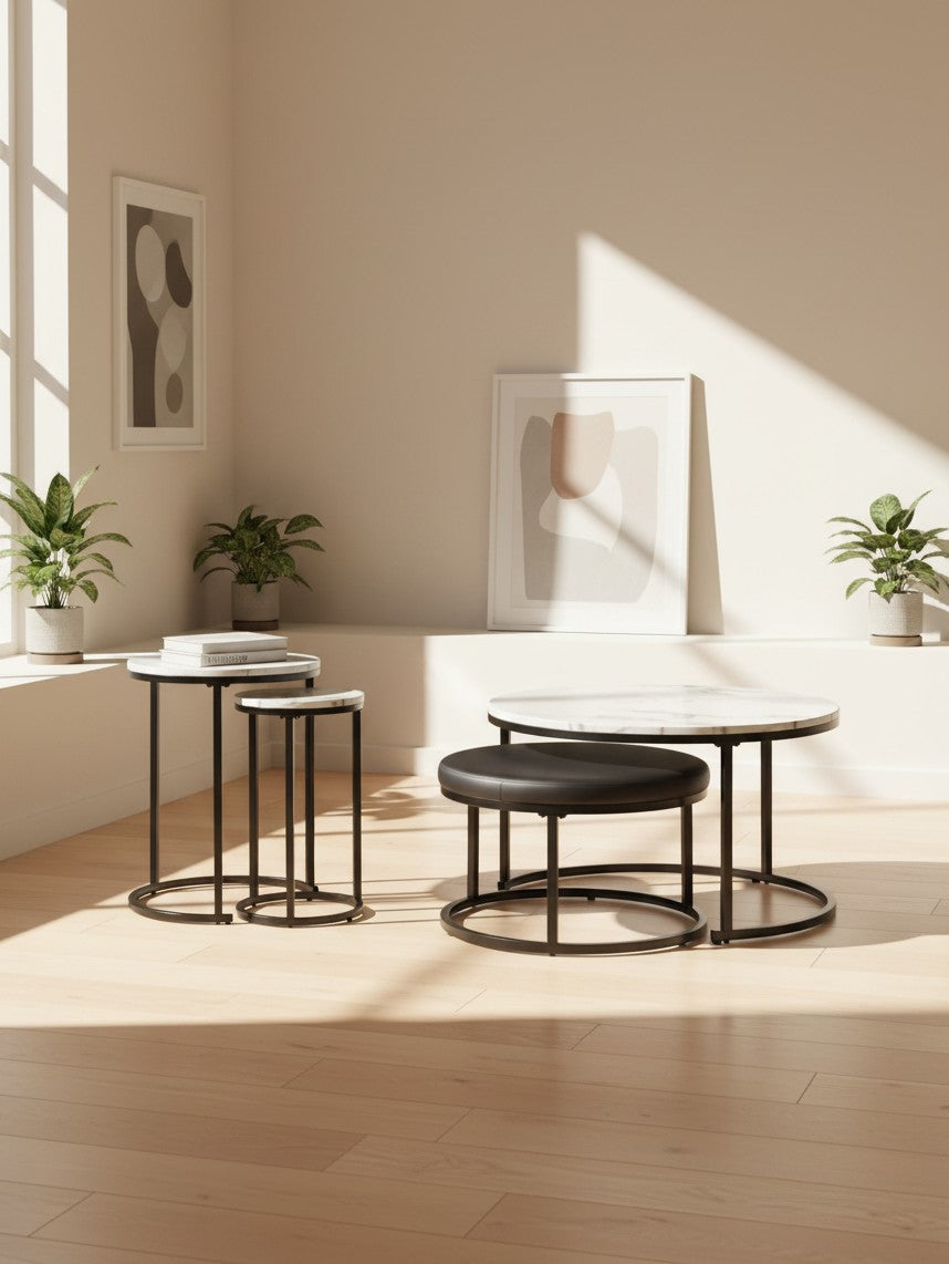 Ensemble de 4 tables gigognes TOCO Meubles avec plateaux ronds en marbre blanc et pieds en métal noir