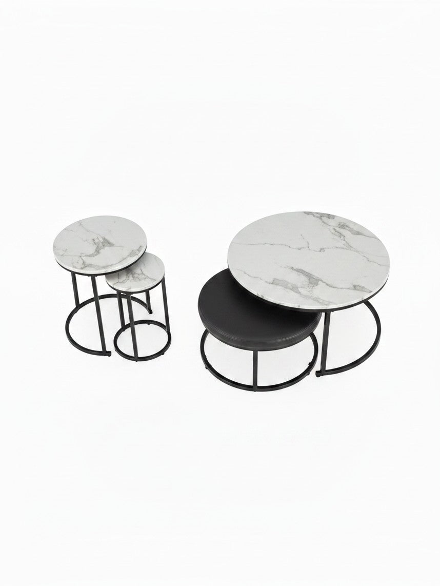 Ensemble de 4 tables gigognes TOCO Meubles avec plateaux ronds effet marbre blanc et structures en métal noir